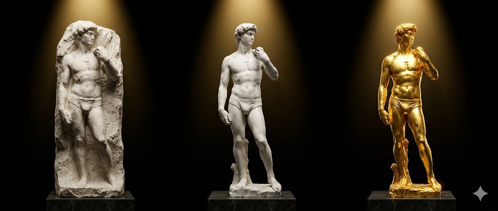 Tres estatuas masculinas representando la evolución de identidad: emergente del mármol, formada en blanco puro, transcendida en oro
