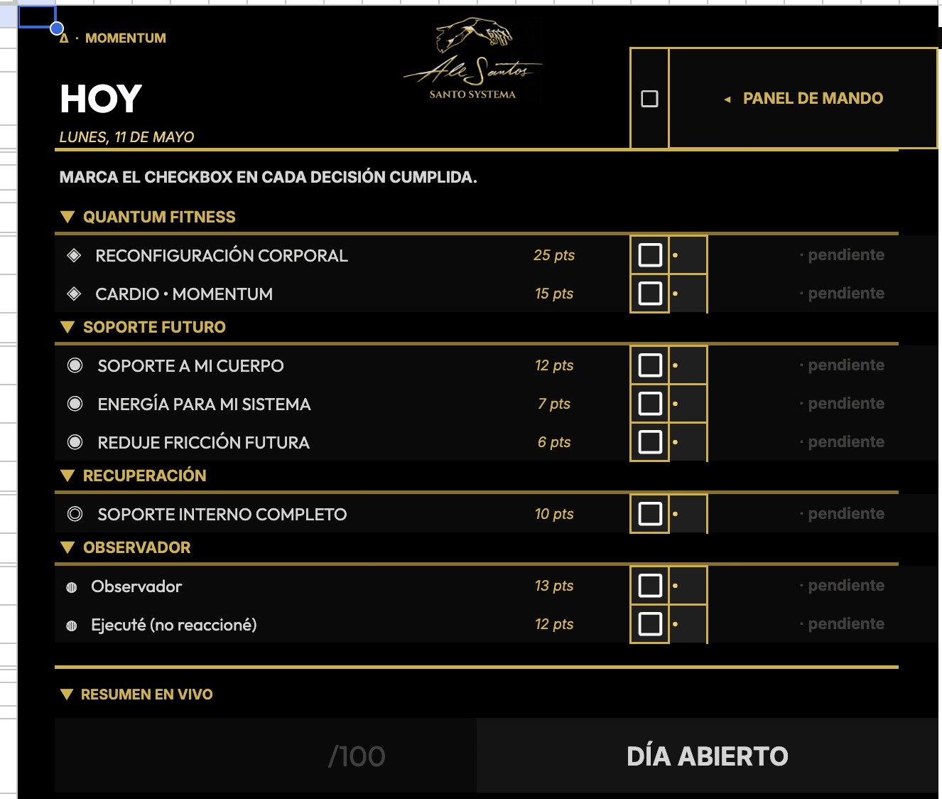 Pantalla de ejecución diaria con checklist de microdecisiones por categoría