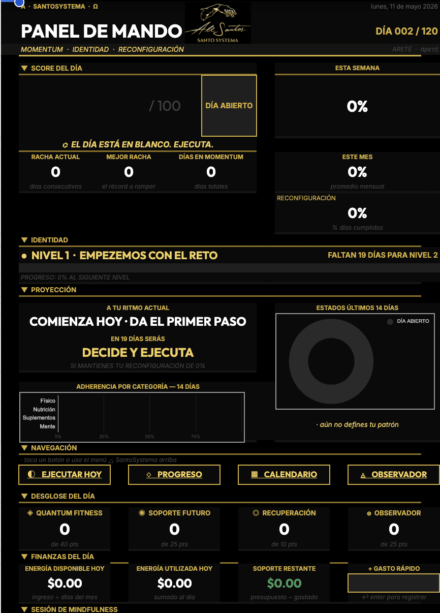 Panel de Mando del SantoSystema mostrando score del día, racha, identidad y finanzas